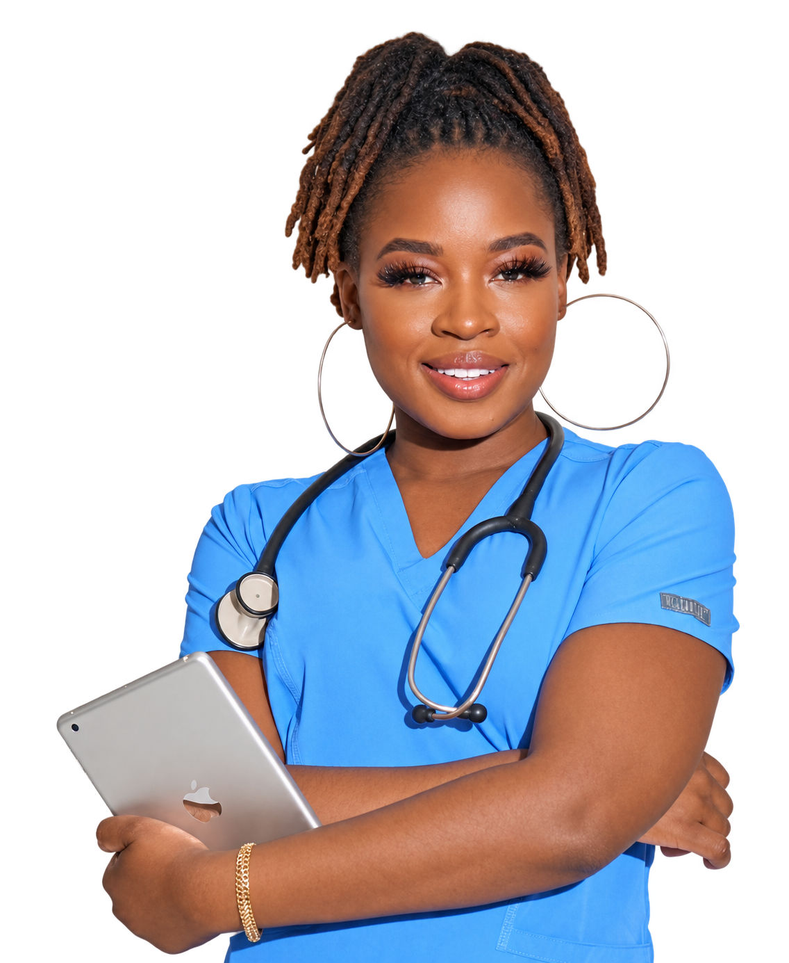 Nurse Shea-Marie facing forward in blue scrubs with her stethoscope and tablet